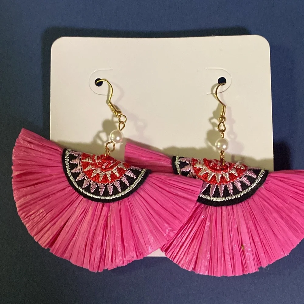 Fan Raffia Earrings with Embroidered Patch New
